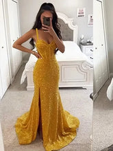 Load image into Gallery viewer, Sheath Spaghetti Straps Sleeveless Sweep Train Corset Sequins Prom Dresses