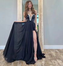 Load image into Gallery viewer, A Line Chiffon Beaded Long Prom Dresses Strapless V Neck Evening Gowns with Slit