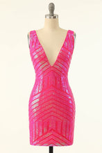 Load image into Gallery viewer, Hot Pink Homecoming Dress 2023 Short V Neck Sequin Sleeveless