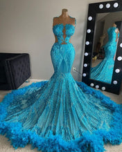 Load image into Gallery viewer, Blue Black Girl Prom Dress 2024 Illusion Neck Sequin with Feathers
