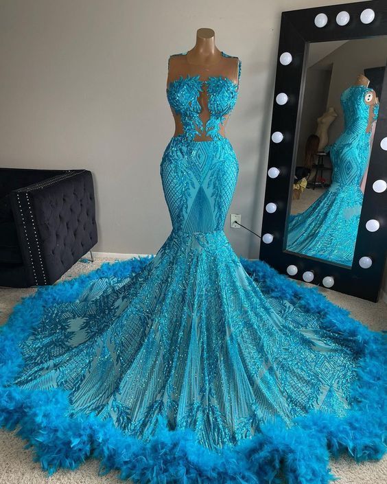 Blue Black Girl Prom Dress 2024 Illusion Neck Sequin with Feathers