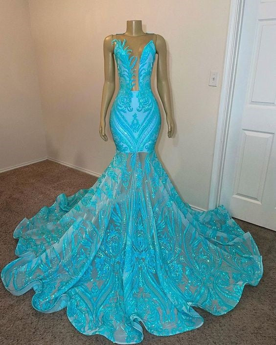 Blue Black Girl Prom Dress 2024 Plunging Neck Sequin Mermaid