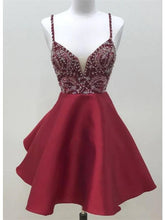 Load image into Gallery viewer, Red Homecoming Dress 2023 Short Spaghetti Straps Beaded Satin