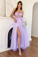 Load image into Gallery viewer, Sparkly Purple Spaghetti Straps Beading A Line Tulle Prom Dress with Slit