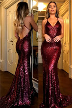 Load image into Gallery viewer, Sequin Backless Mermaid Burgundy Evening Dress