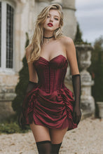 Load image into Gallery viewer, Burgundy Strapless Corset Satin Pleated Bodycon Homecoming Dress