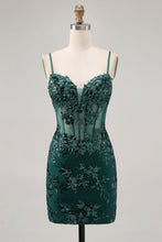 Load image into Gallery viewer, Sparkly Sequins Dark Green Corset Bodycon Backless Homecoming Dress