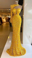 Load image into Gallery viewer, Yellow Black Girl Prom Dress 2024 One-shoulder Sequin Mermaid
