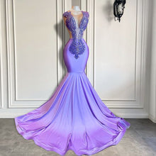 Load image into Gallery viewer, Purple Black Girl Prom Dress 2024 Plunging Neck Satin Mermaid