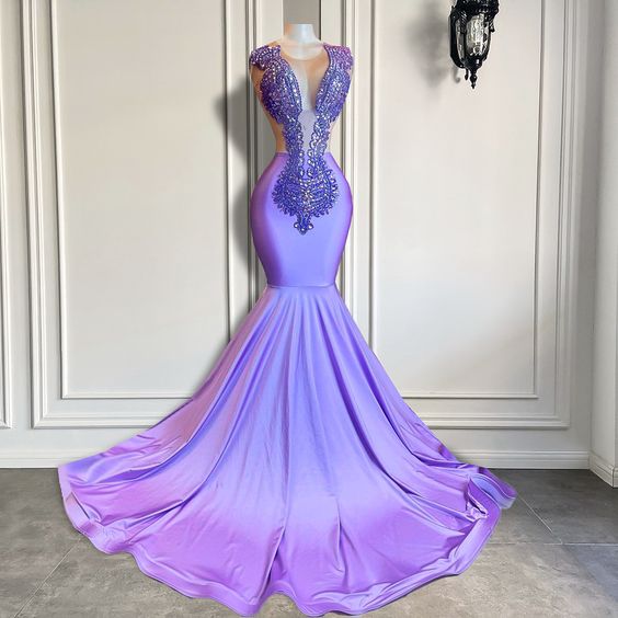 Purple Black Girl Prom Dress 2024 Plunging Neck Satin Mermaid