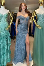 Load image into Gallery viewer, Off Shoulder Mermaid Sequins Appliques Tulle Prom Dress with High Side Slit
