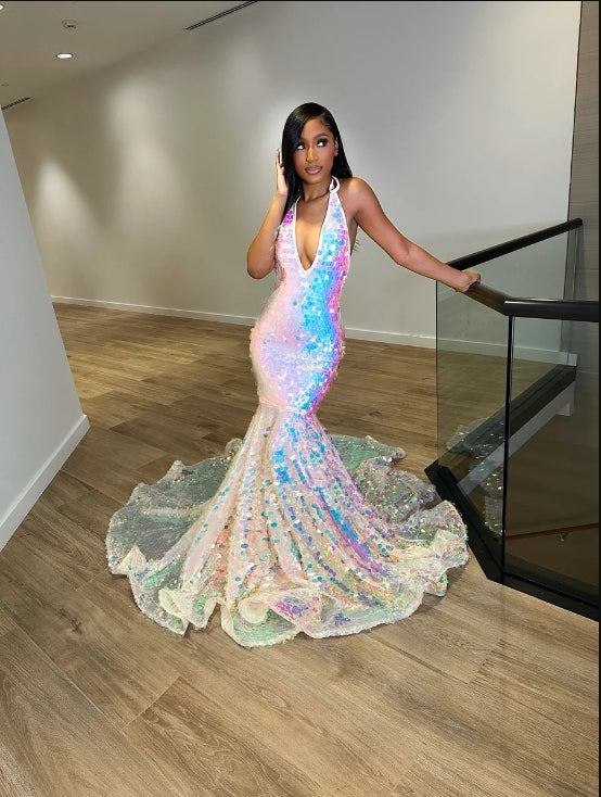 Black Girl Prom Dress 2024 Halter Neck Sequin Mermaid Sparkly