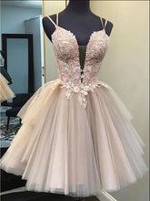 Load image into Gallery viewer, Pink Homecoming Dress 2023 Short Spaghetti Straps Tulle with Appliques