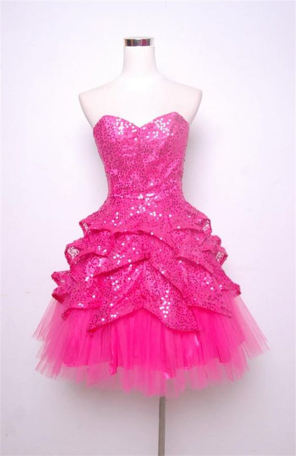 Hot Pink Homecoming Dress 2023 Short Strapless Sequin