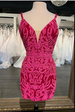 Load image into Gallery viewer, Hot Pink Homecoming Dress 2023 Short Spaghetti Straps Sequin