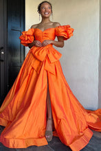 Load image into Gallery viewer, Off The Shoulder Ball Gown Taffeta Long Prom Dresses Side Slit Evening Dresses With Train