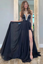 Load image into Gallery viewer, A Line Chiffon Beaded Long Prom Dresses Strapless V Neck Evening Gowns with Slit