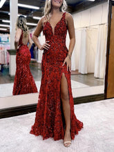 Load image into Gallery viewer, Mermaid V Neck Sequined Lace Prom Dress with Slit