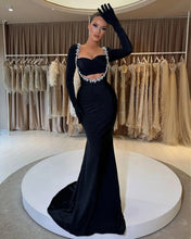 Load image into Gallery viewer, Sweetheart Black velvet Long Sleeve Beaded Mermaid Prom Dress with Gloves