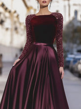 Load image into Gallery viewer, Velvet Sequin Long Sleeves A Line Prom Dress With Satin Skirt