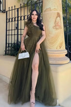 Load image into Gallery viewer, One-Shoulder Olive Green Split Tulle A Line Prom Dress With Slit
