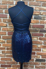 Load image into Gallery viewer, Dark Blue Homecoming Dress 2023 Short Halter Neck Sequin Corset Back