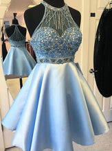Load image into Gallery viewer, Blue Homecoming Dress 2023 Short Halter Neck Sleeveless Beaded Satin