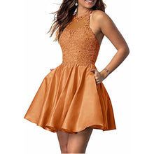 Load image into Gallery viewer, Short Homecoming Dress 2023 Halter Neck Satin with Appliques Pockets