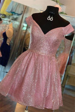 Load image into Gallery viewer, Pink Homecoming Dress 2023 Short Off the Shoulder Tulle Sparkly