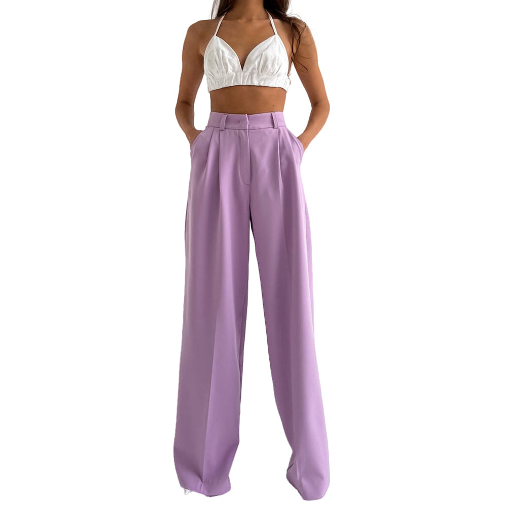 Purple Women's Casual Wide Leg High Waisted Pockets Straight Long Trousers Pants
