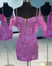 Load image into Gallery viewer, Unique Homecoming Dress 2023 Short Spaghetti Straps Sequin with Feathers