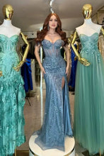 Load image into Gallery viewer, Off Shoulder Mermaid Sequins Appliques Tulle Prom Dress with High Side Slit