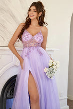 Load image into Gallery viewer, Sparkly Purple Spaghetti Straps Beading A Line Tulle Prom Dress with Slit