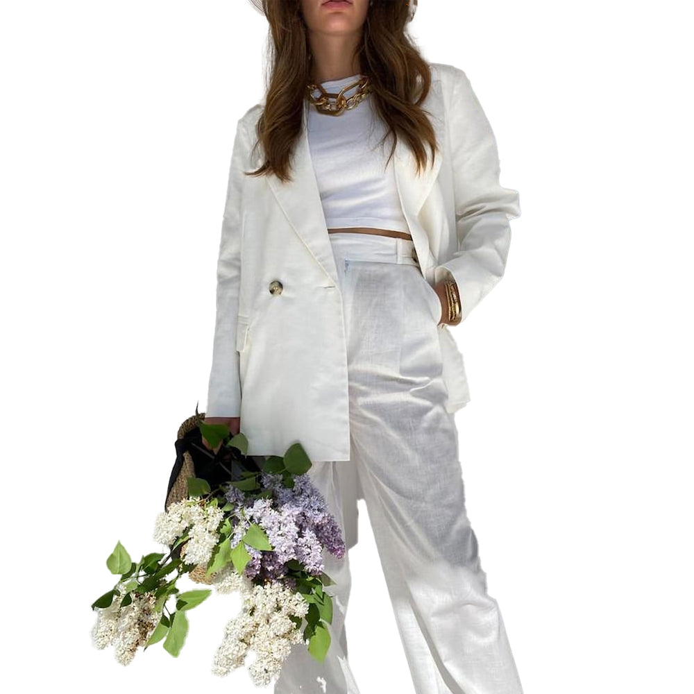 White Linen Women's Suits 2 Pieces Blazer Pants 2023 Business Two Buttons Casual Suit Sets