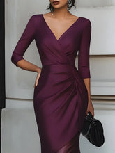 Load image into Gallery viewer, V-Neck 3/4 Sleeve Satin pleated Draped Mermaid Prom Dress