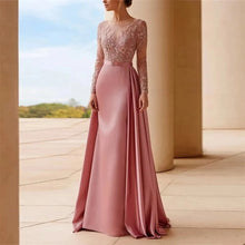 Load image into Gallery viewer, Dusty Rose Mother of the Bride Dresses Lace Appliques Pleated Wedding Guest Dress A Line Satin Formal Dress Long Sleeves