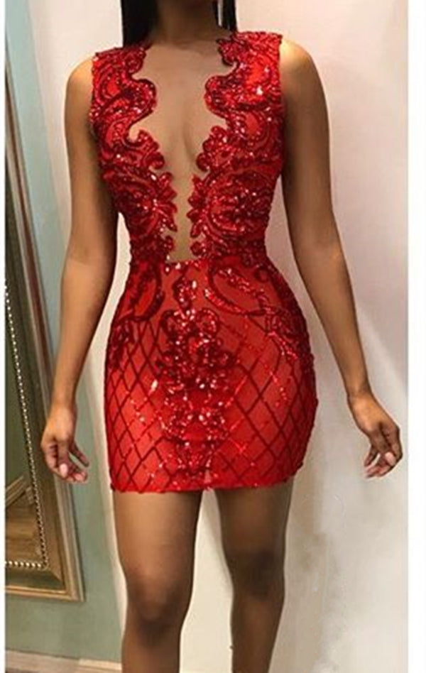 Red Homecoming Dress 2023 Short Plunging Neck Sleeveless Sequin