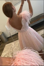 Load image into Gallery viewer, Pink Homecoming Dress 2023 Short V Neck Sleeveless Tulle with Feathers
