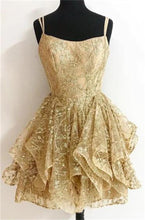 Load image into Gallery viewer, Champagne Homecoming Dress 2023 Short Spaghetti Straps Tulle with Ruffles