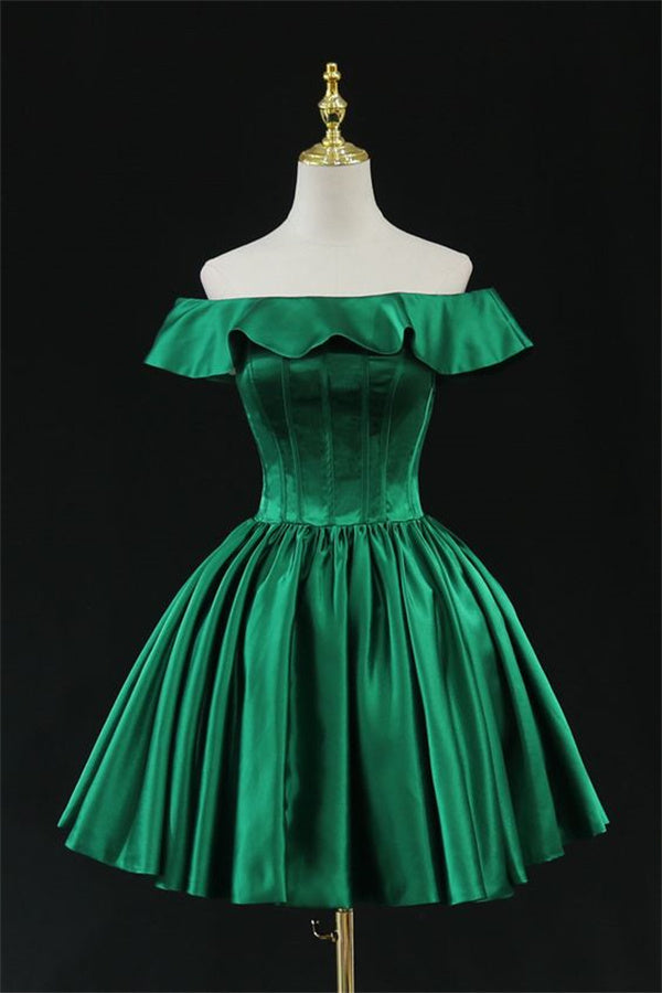 ariel human blue dress Emerald Green Homecoming Dress 2023 Short Off the Shoulder Satin – DCdress