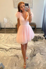 Load image into Gallery viewer, Pink Homecoming Dress 2023 Short V Neck Sleeveless Tulle with Feathers