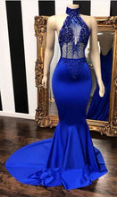 Load image into Gallery viewer, Royal Blue Black Girl Prom Dress 2024 Halter Neck Mermaid Beaded