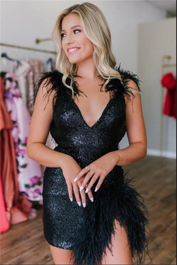 Black Homecoming Dress 2023 Short V Neck Sleeveless Sequin with Feathe – DCdress