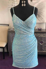 Load image into Gallery viewer, Blue Homecoming Dress 2023 Short Tight Spaghetti Straps Sequin
