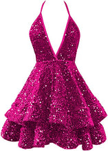 Load image into Gallery viewer, Black Girl Short Homecoming Dress 2023 Short Spaghetti Straps Tiered Sparkly