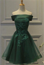 Load image into Gallery viewer, Dark Green Homecoming Dress 2023 Short Off the Shoulder Tulle with Appliques

