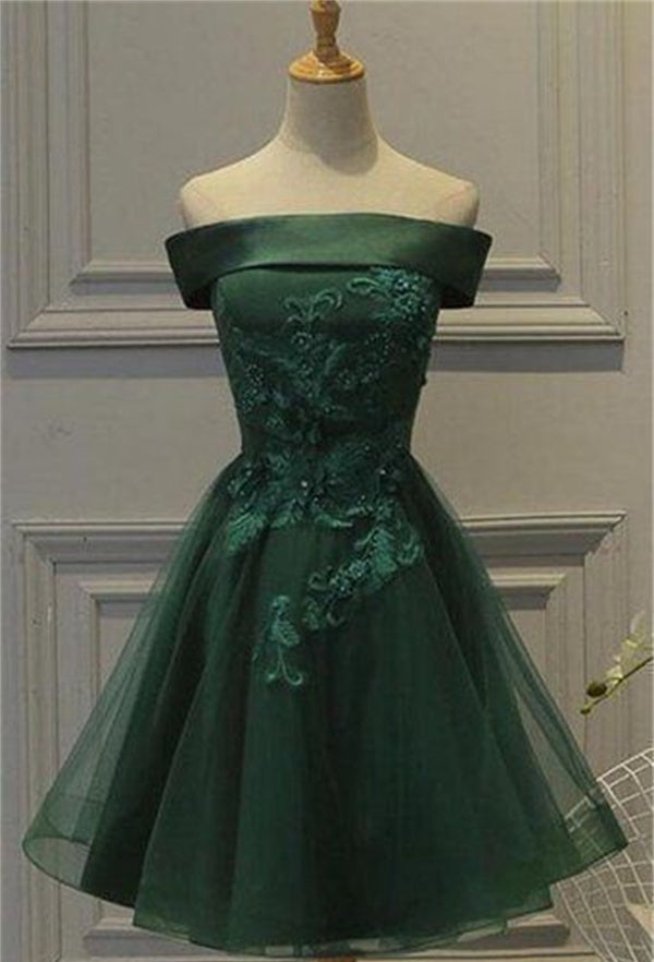 Dark Green Homecoming Dress 2023 Short Off the Shoulder Tulle with Appliques