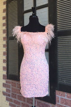 Load image into Gallery viewer, Pink Homecoming Dress 2023 Short Square Neck Sleeveless Sequin with Feathers