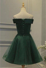 Load image into Gallery viewer, Dark Green Homecoming Dress 2023 Short Off the Shoulder Tulle with Appliques
