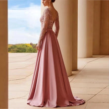 Load image into Gallery viewer, Dusty Rose Mother of the Bride Dresses Lace Appliques Pleated Wedding Guest Dress A Line Satin Formal Dress Long Sleeves